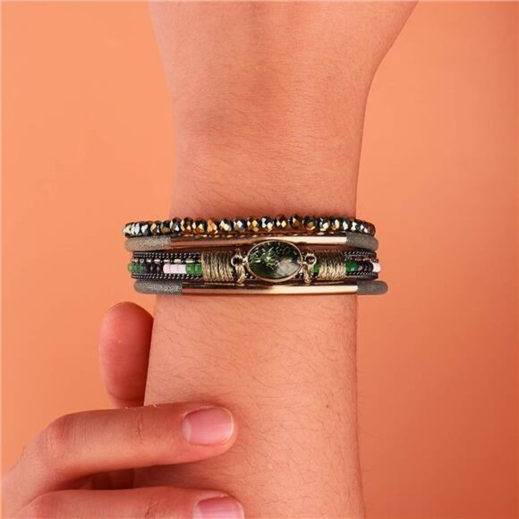 Leather Wrap Bracelets for Women - Boho Cuff with Crystal Beads - Picture 2 of 8